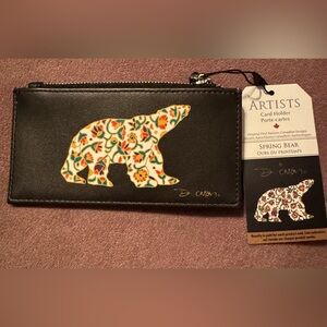 Black Wristlet Pouch with Floral Polar Bear Appliqué NWT